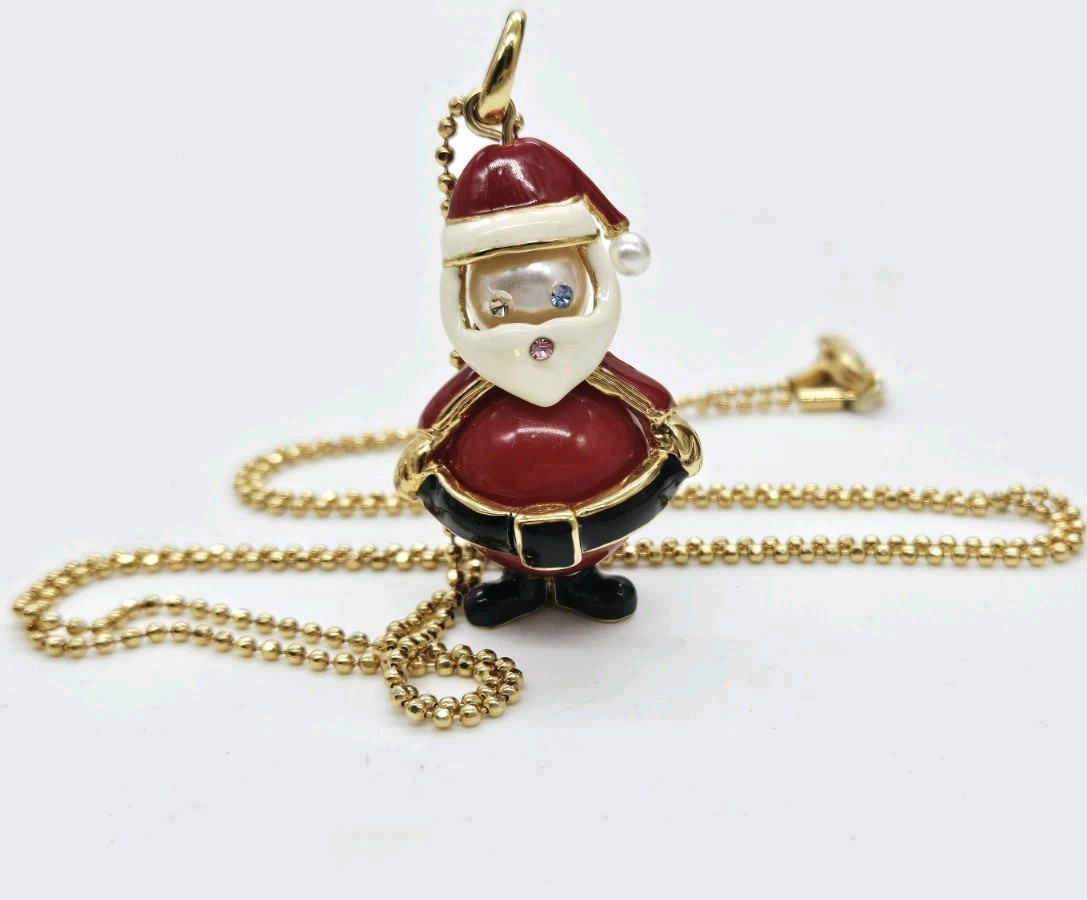 Santa Claus Pendant Necklace enamel Glass Faux Pearl Gold tone 28 in