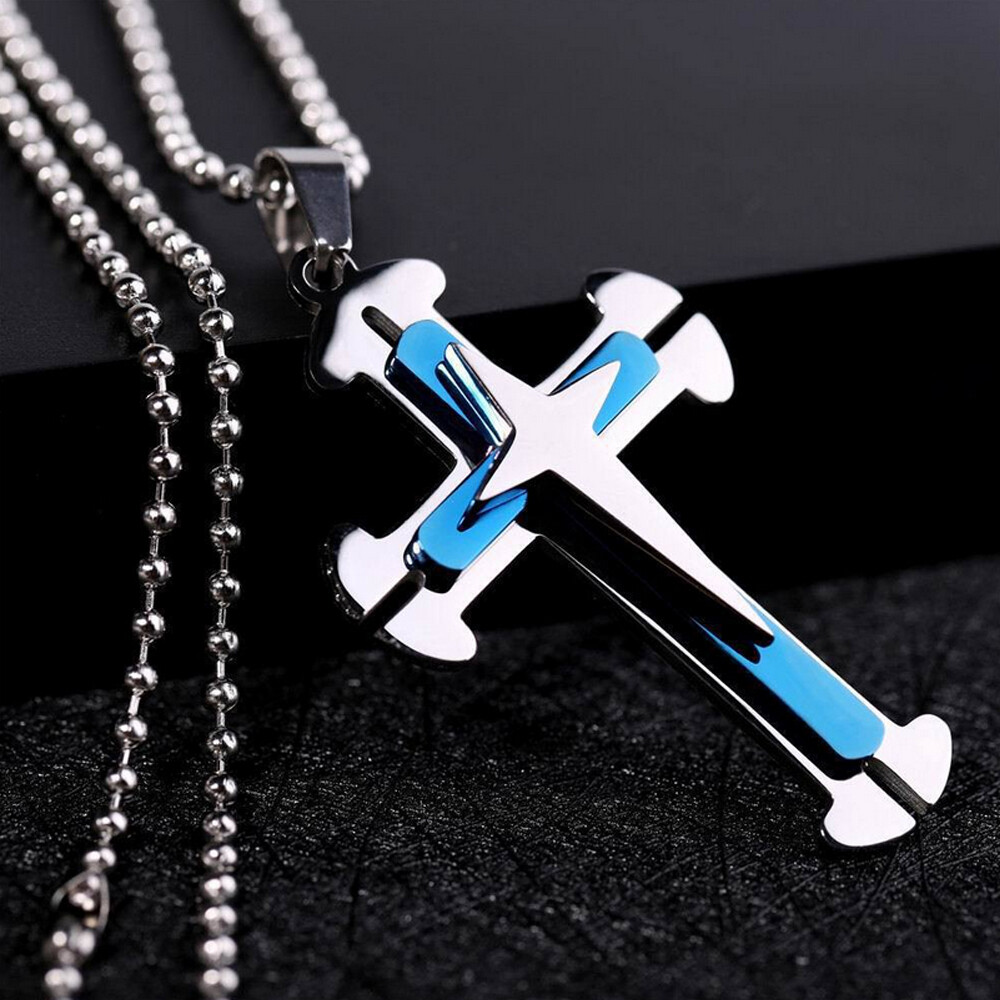 Boys Mens Fasion Stainless Steel Vintage Cross Pendant Necklace Pendant Chain