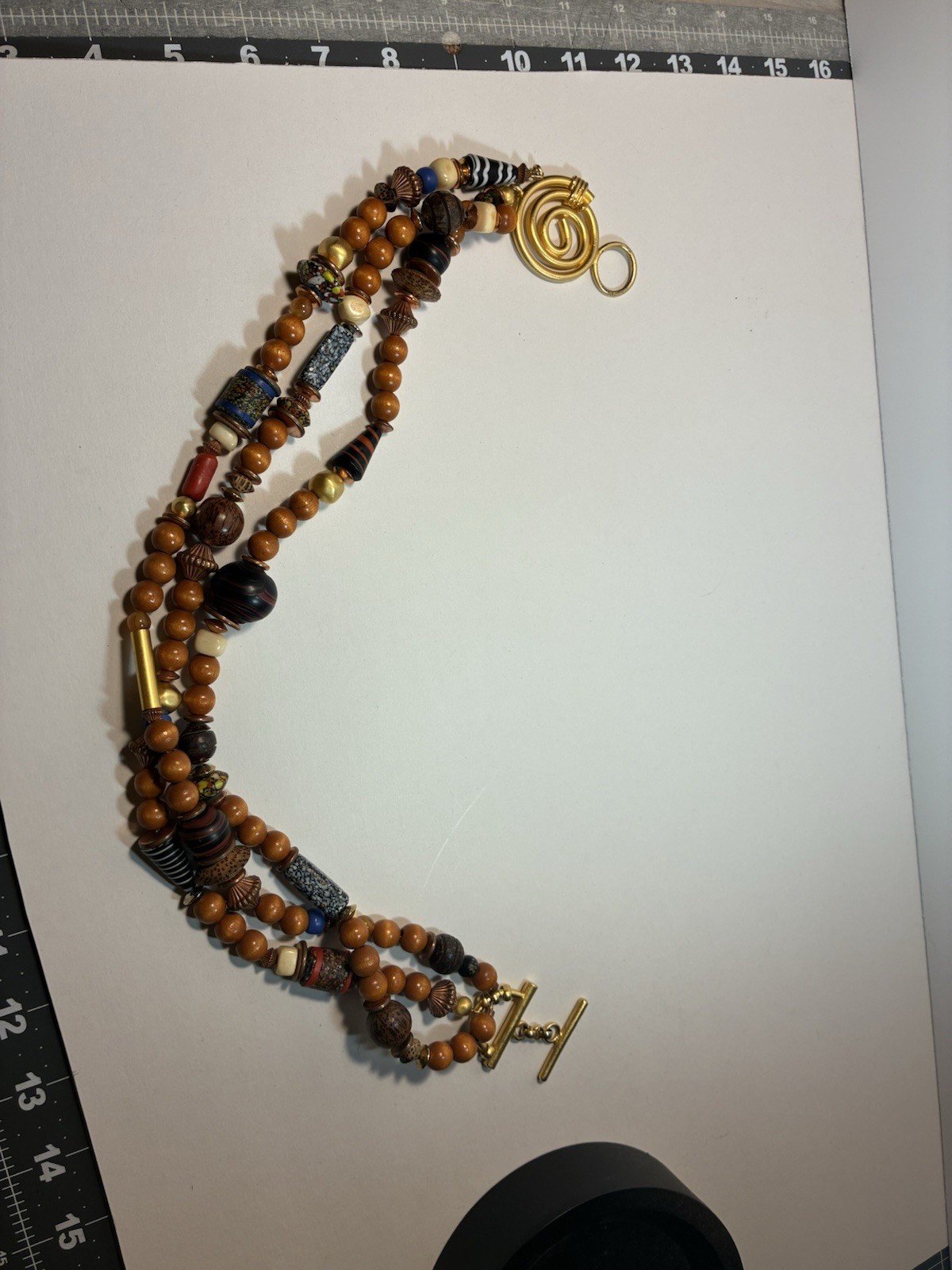Artisan Multi-Strand Beaded Statement Necklace Wood Glass Metal Toggle Bohemian
