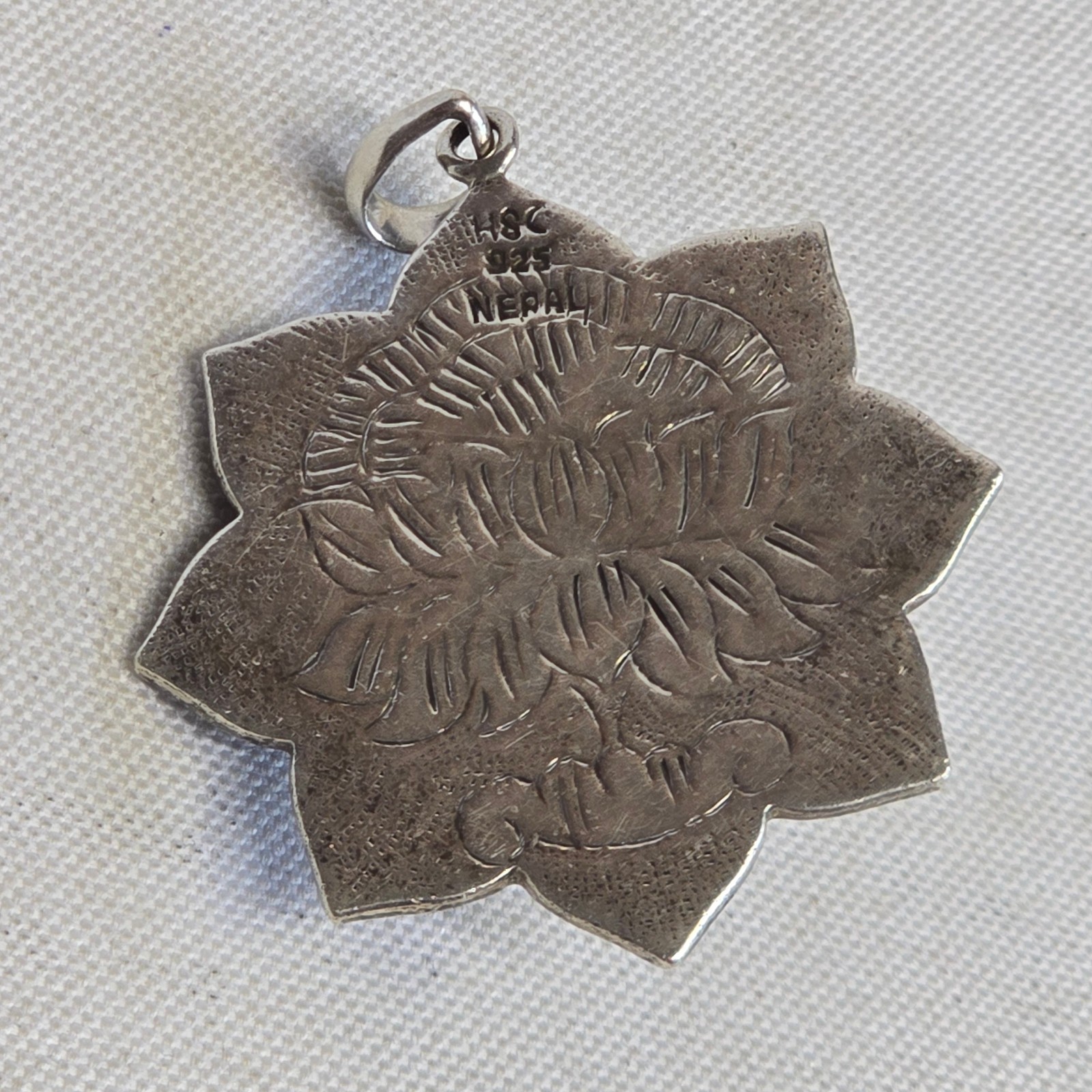 Sterling Silver Pendant 14.93g Jewelry Lapis Look Nepal Symbols Charm *READ*