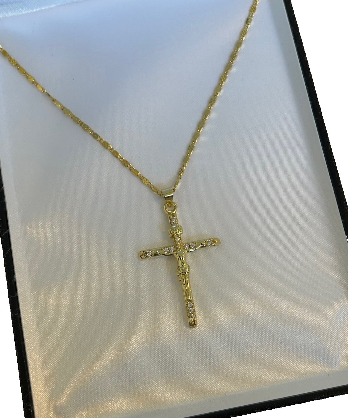 9ct Gold CZ Crucifix Cross Pendant & 50cm Italian Baht Chain Gold Filled Unisex