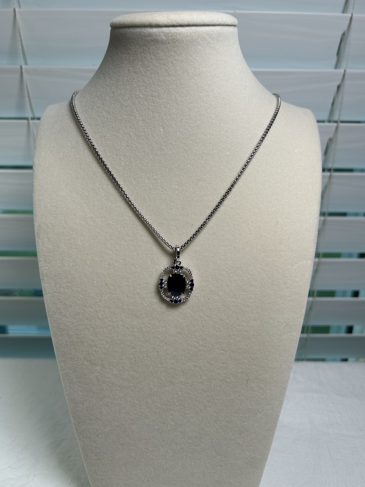Rhodium plated LC Sapphire Halo Charm Pendant Box Chain Necklace Adjustable