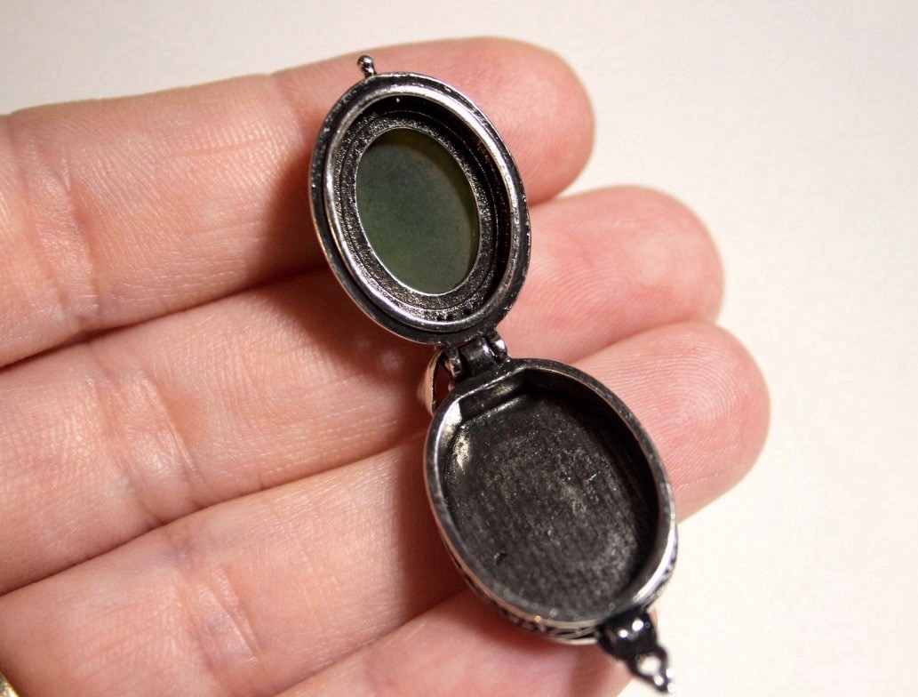 Green Jade Locket Pendant, Sterling Silver Plated Poison Pendant