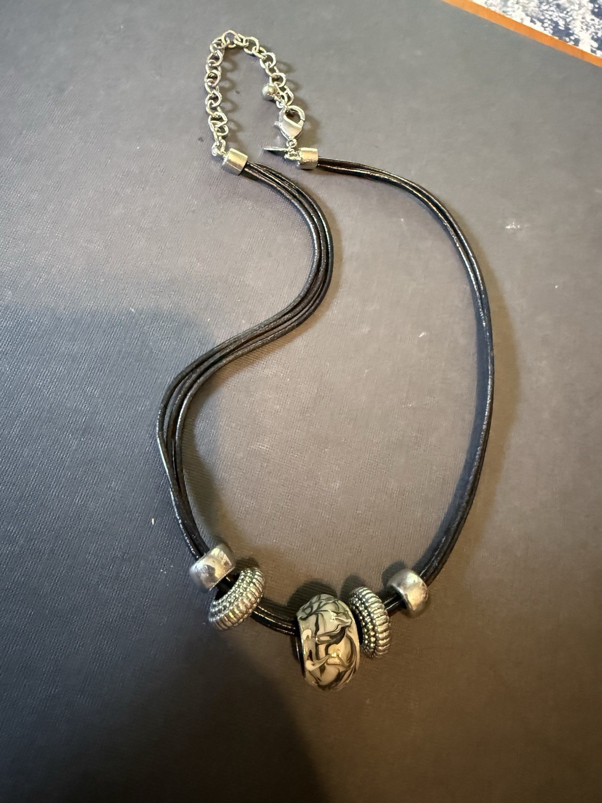Chico’s Women’s Necklace – Black Faux Leather W Lg Painted Bead + 4 Silver Bead