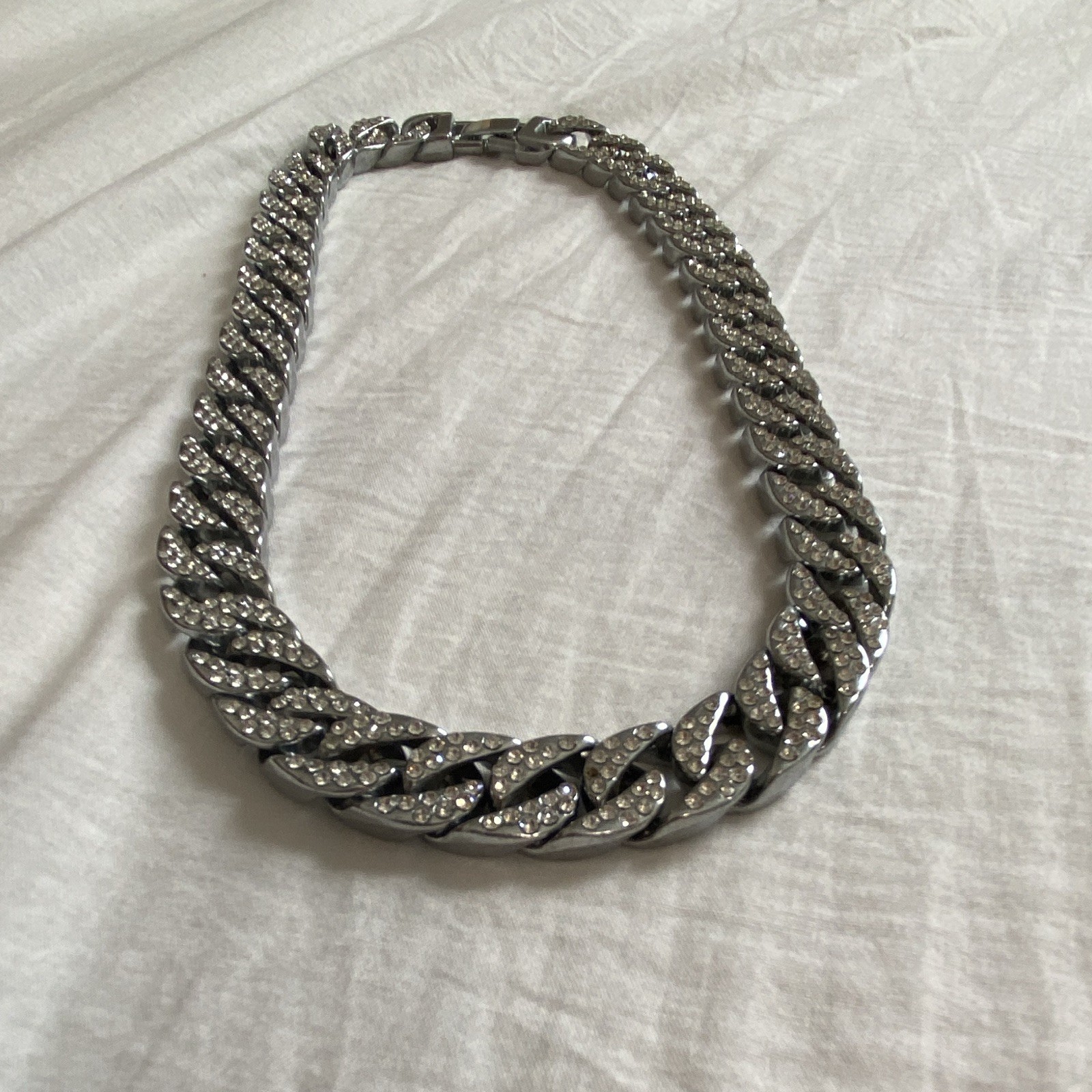 Silver Cuban Link Chain Necklace Gengar Charm Pendant Pavé Rhinestone Box