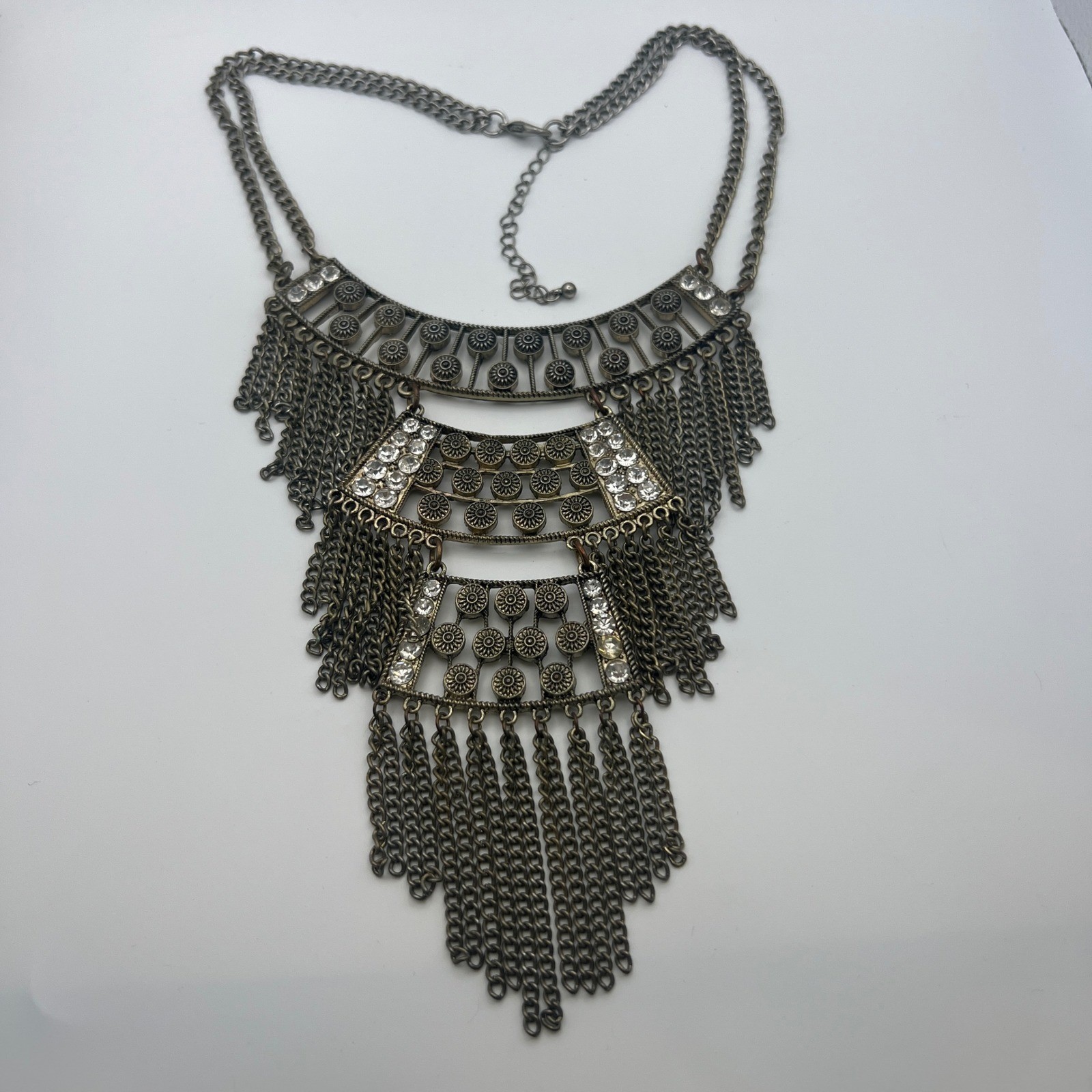 Boho Antique Gold Tone Fringe Bib Statement Necklace Clear Rhinestone Festival