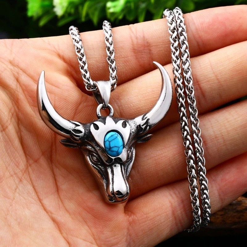 Men’s Fashion Jewelry Silver Bull Head Pendant Necklace 234