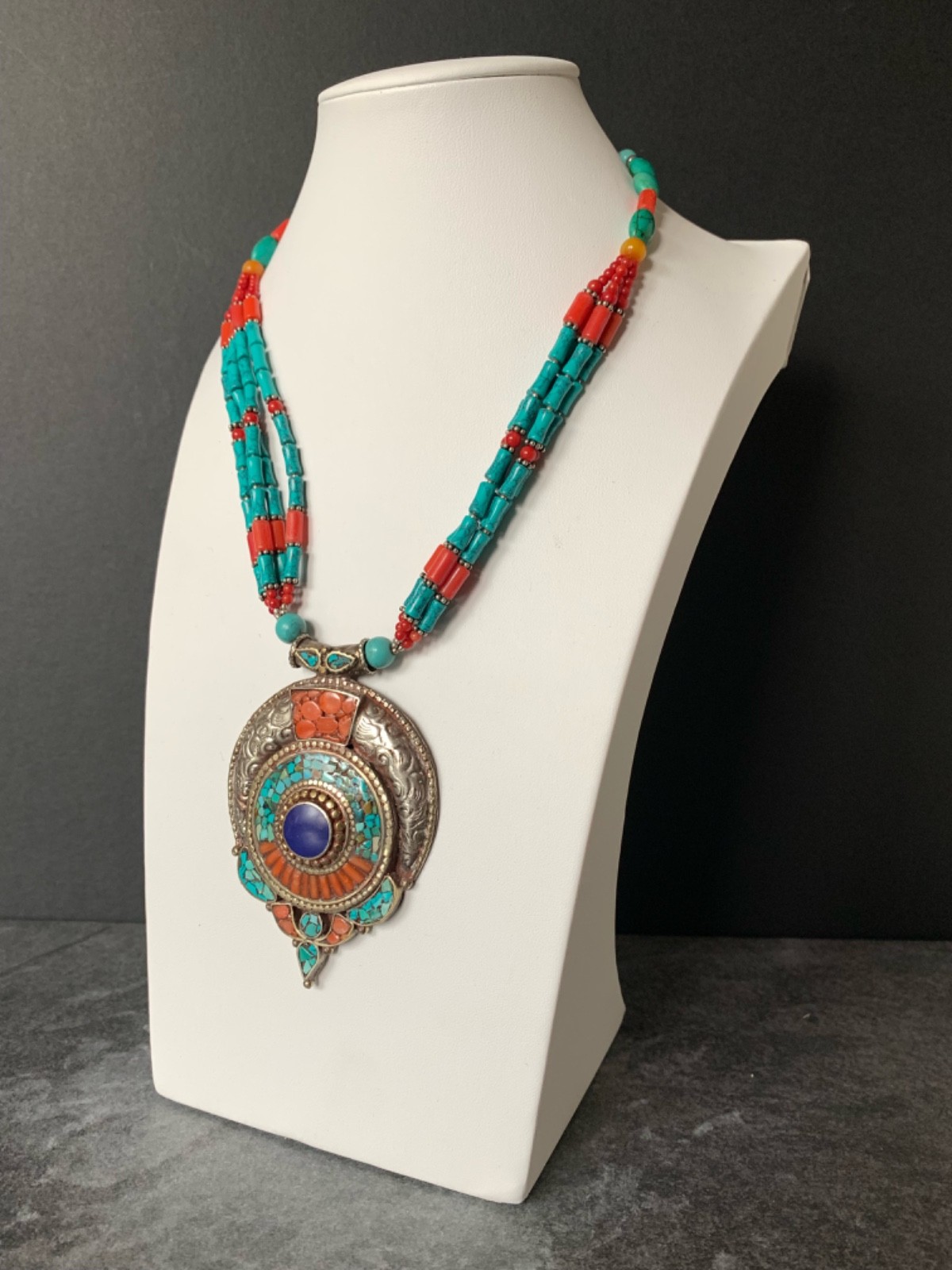 Traditional Tibetan Silver Turquoise, Coral, Lapis Amulet 18″ Necklace 61