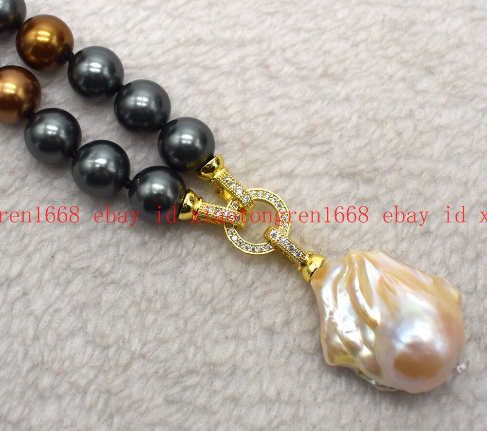 Fashion 12mm Black Brown Shell Pearl & Baroque Pearl Pendant Necklace 16-24in