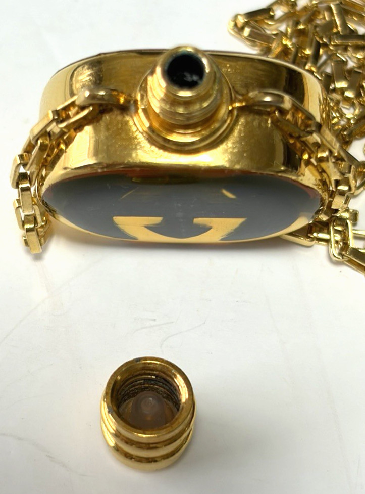 Vintage Gucci Navy Enamel GG Perfume Bottle Motif Necklace Pendant Gold-tone