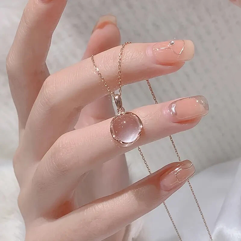 Cherry Blossom Pink Oval Shape Necklace Clavicle Chain Pendant Jewelry Women