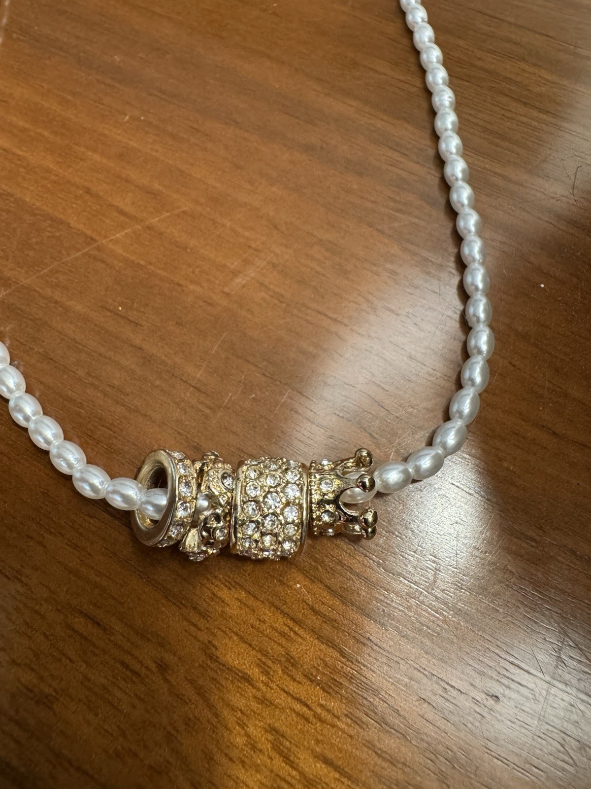 Caroline Hill Faux Pearl Beaded Necklace Gold Rhinestone Crown Charm Adjustable