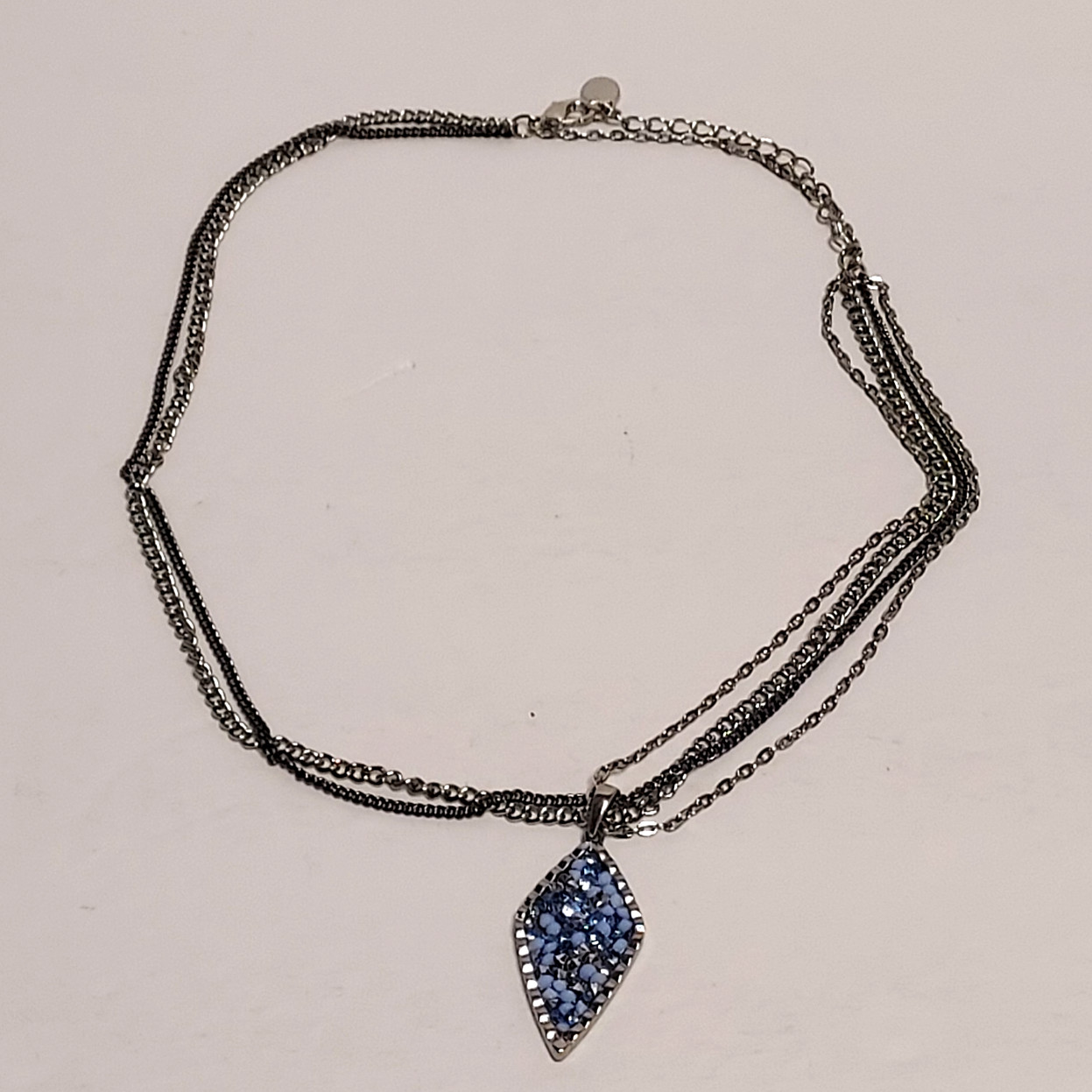 Blue Beaded Diamond Shaped Necklace Pendant With Multiple Chains 12 Inches