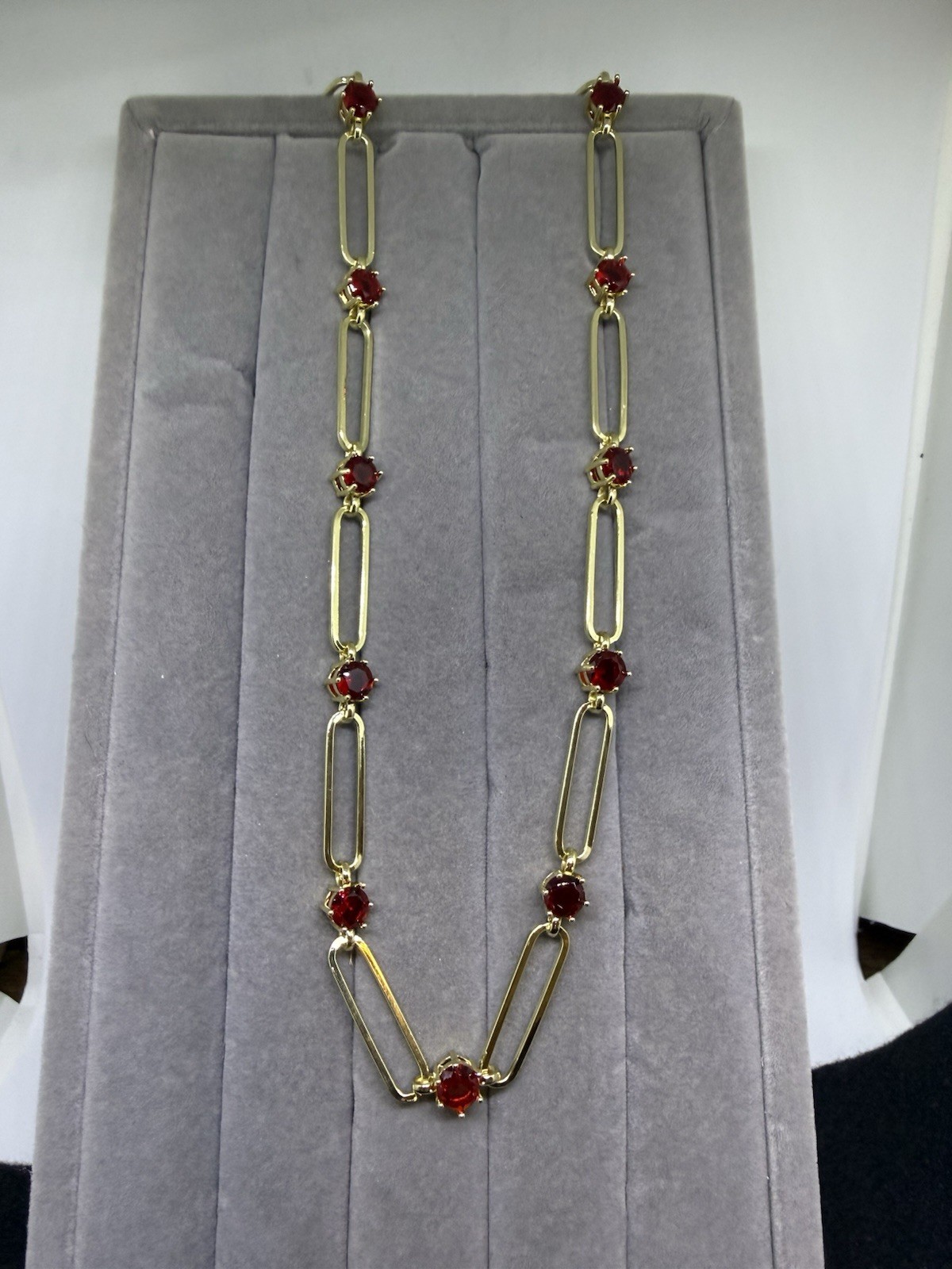 Red Austrian Crystal Paperclip Chain Necklace 18-20 Inches In Goldtone.