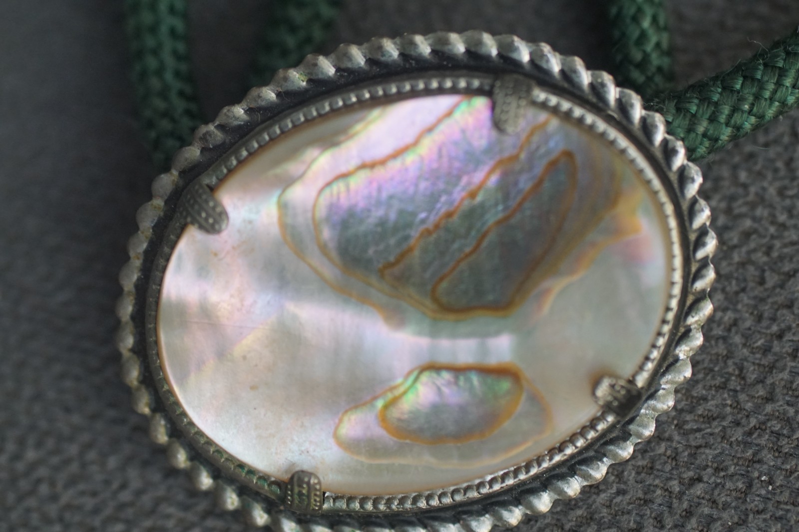 Vintage Abalone on Green Cord 18″ Lariat String Ties (2), adjustable length