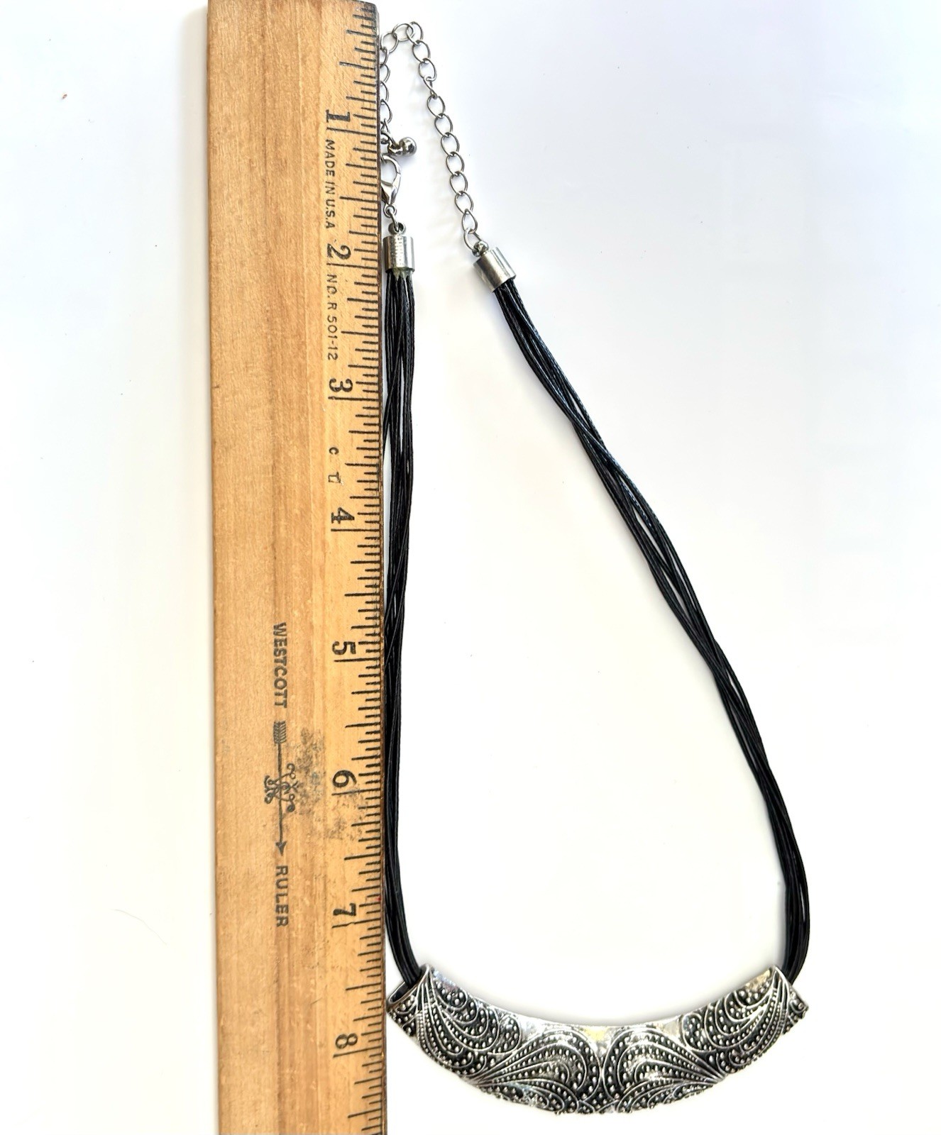 Choker Necklace Adjustable Multi Strand Black Cord Engraved Silver Toned Accent