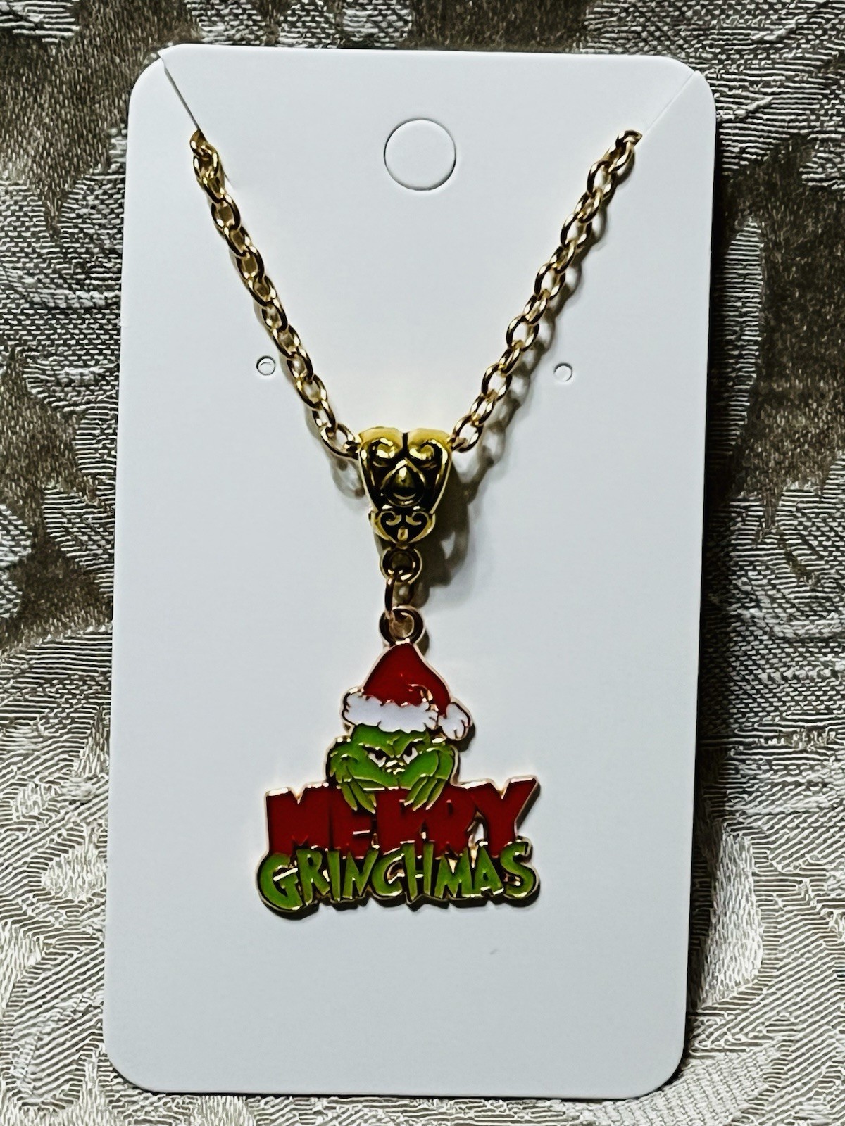 Grinch Christmas Holiday Gold Enamel Charm Adorable Boho Trendy Necklace 18”