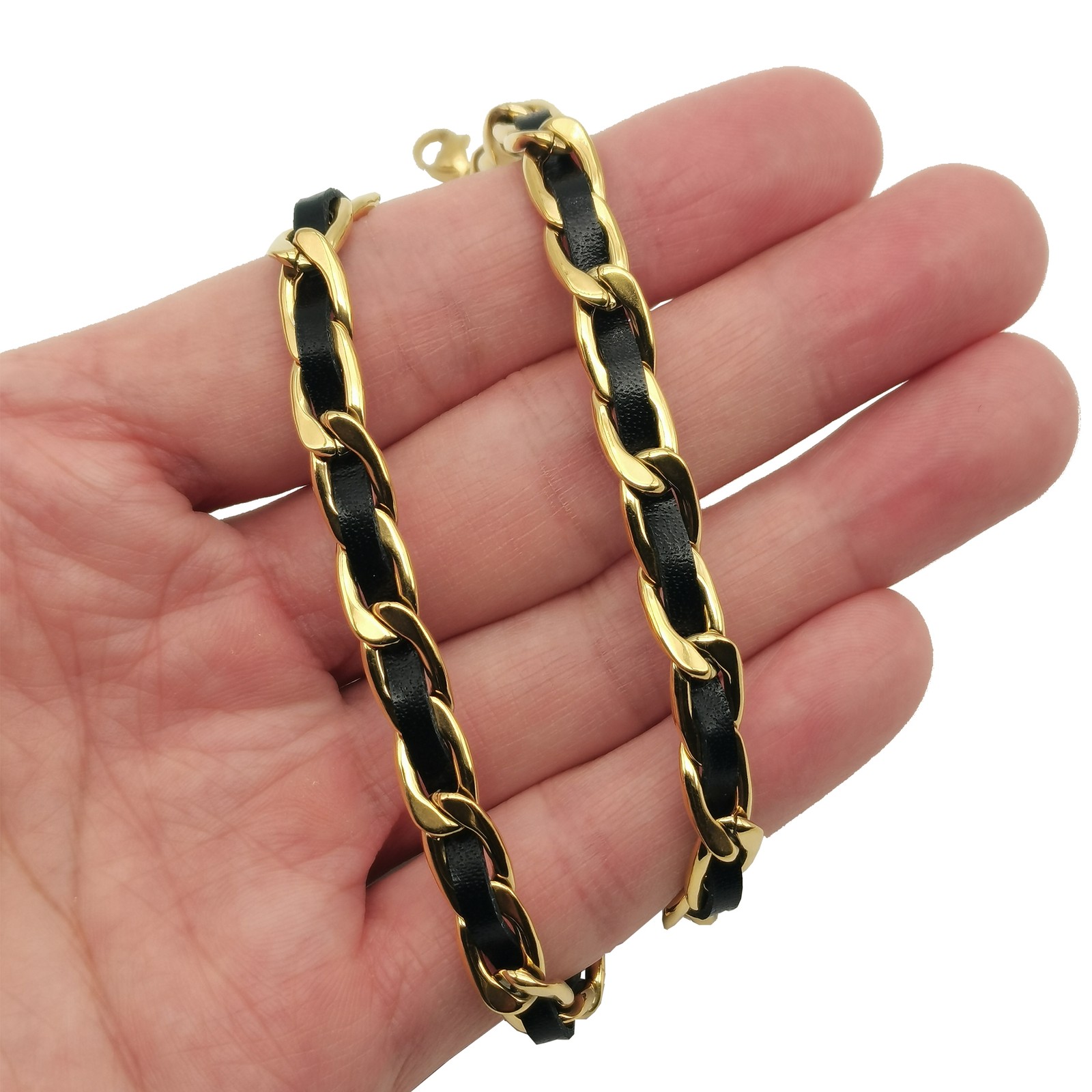 18K Yellow Gold Filled +Leather 2-tone Hypoallergenic 14″/16″ 6mm Chain Necklace