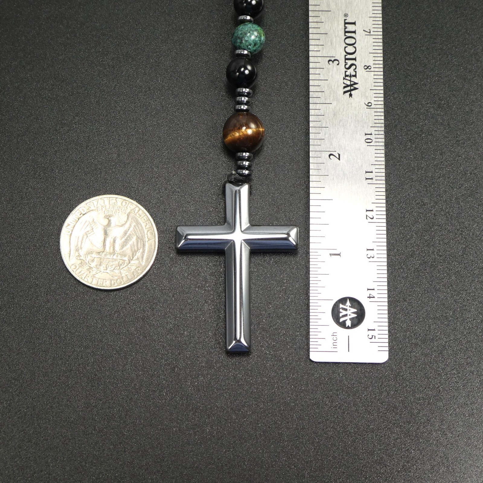 Black Obsidian Tiger Eye African Turquoise Black Hematite Cross Rosary Necklace