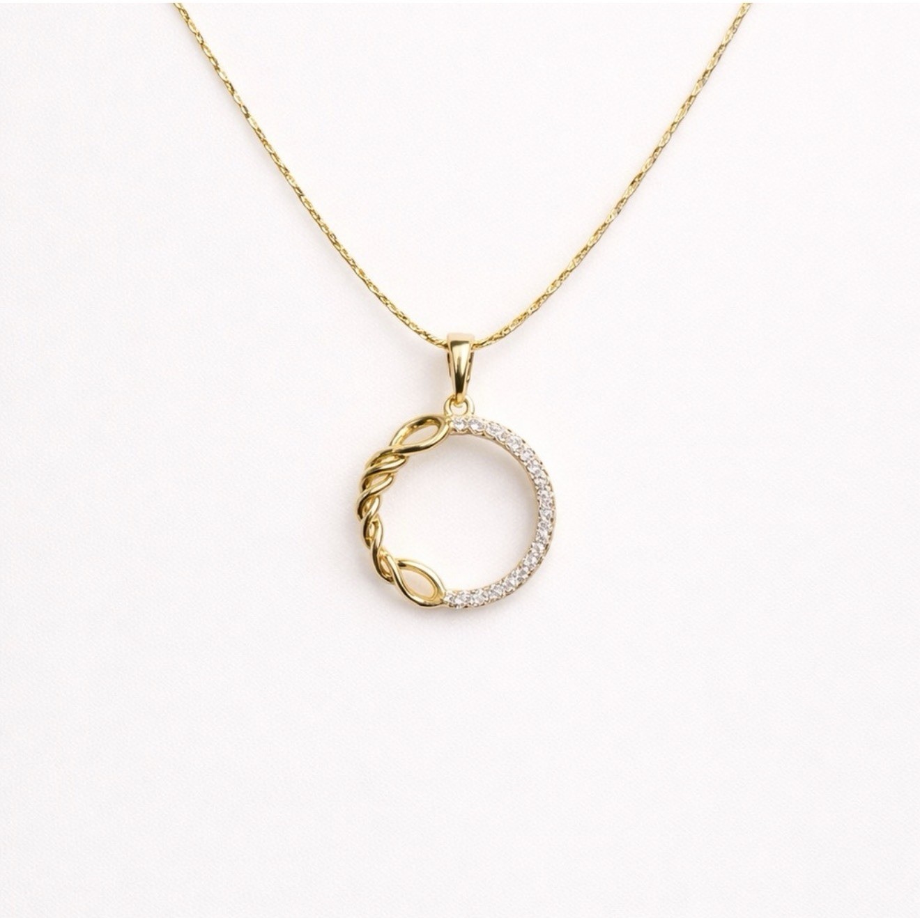 Gold Plated Twisted Circle Pendant Necklace – Pavé Crystal Infinity Round Charm