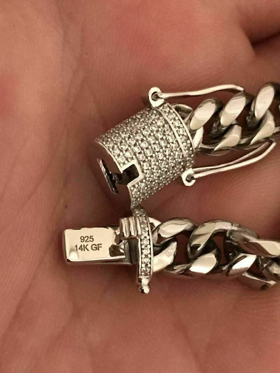 Cuban Miami Silver Bracelet & Chain Set Stainless Steel 925 Simulated Diamond