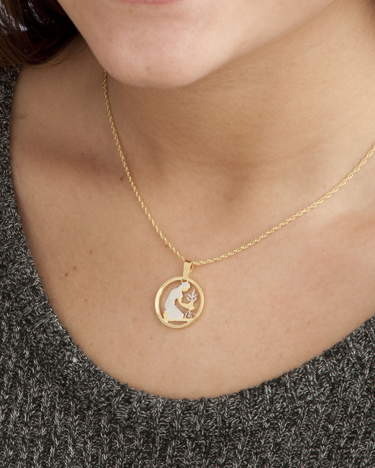 Germany Pendant & Necklace, German 50 Pfennig Cut Coin, 3/4″ diameter ( # 111 )