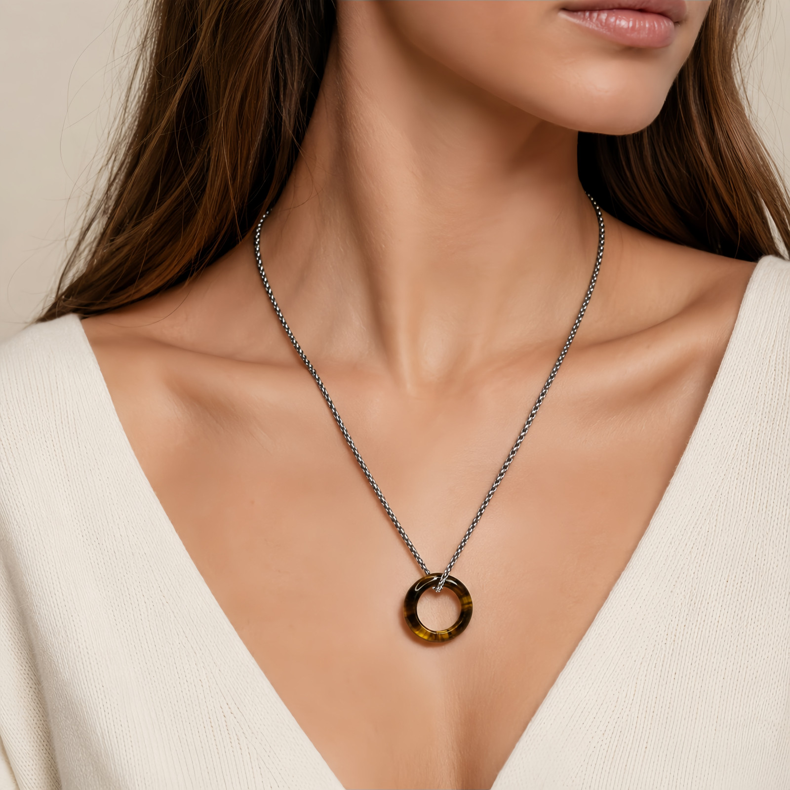 Natural Stone Pendant Necklace for Women, Round Donut Pendant
