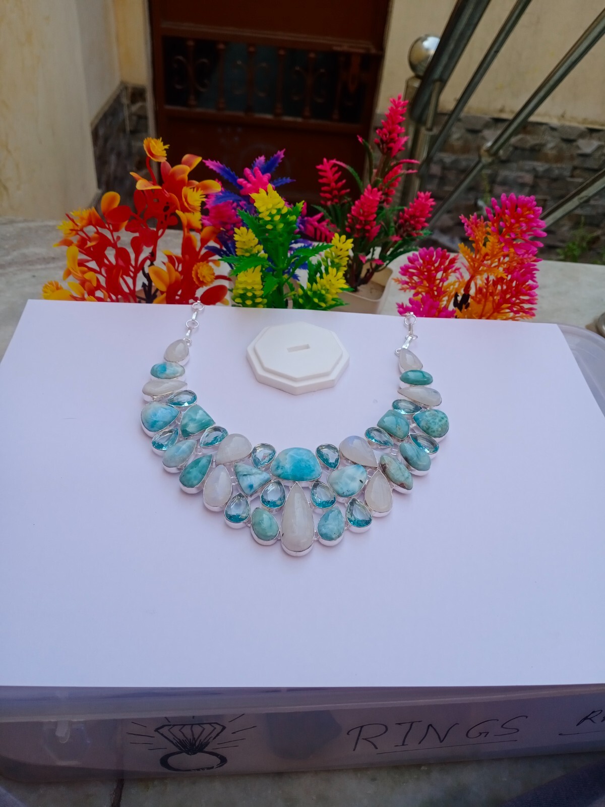 Natural Moonstone Necklace, Silver Plated Necklace, Larimar, Aquamarine Stone