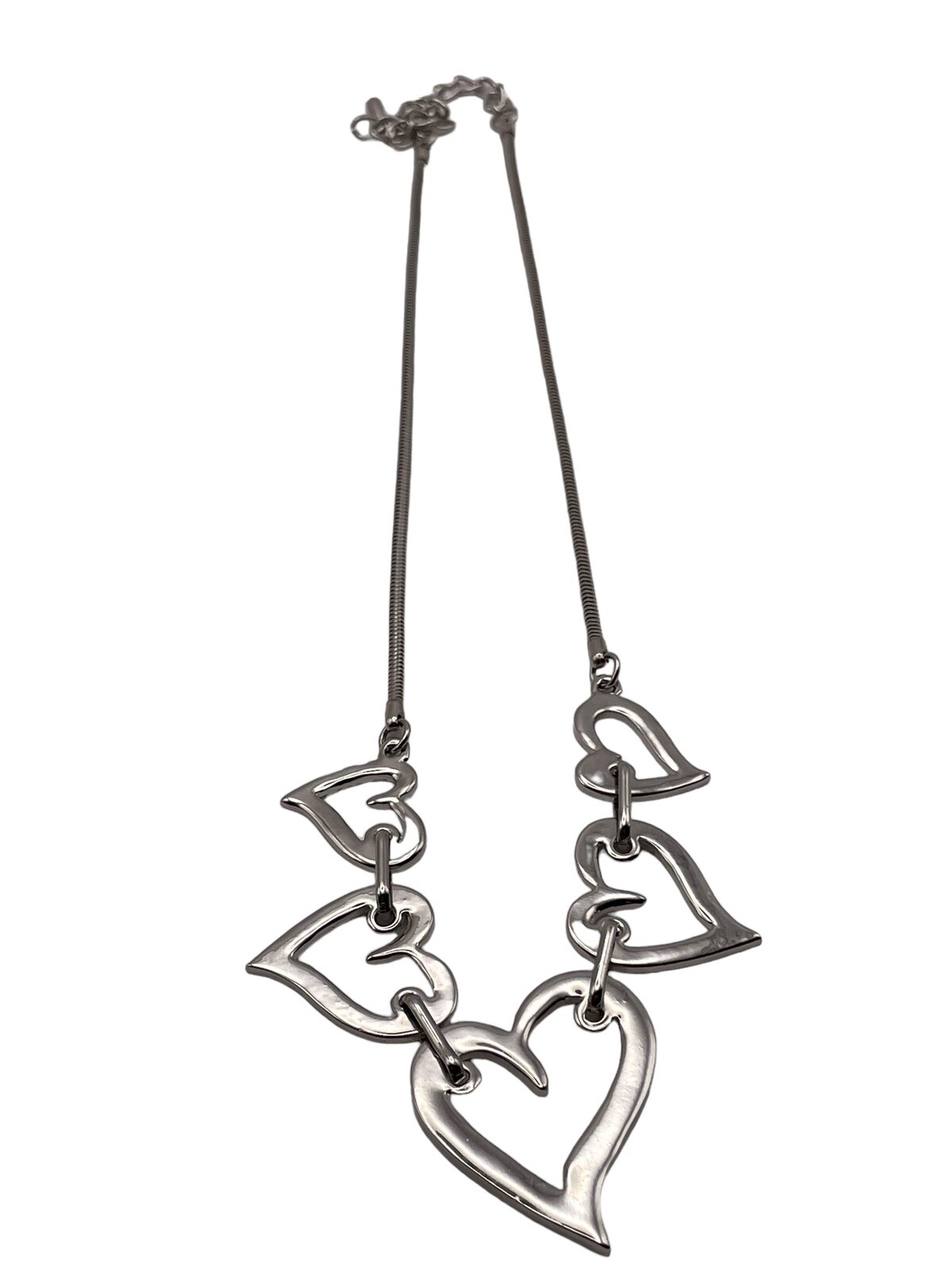 Open Heart Shiny Silver Tone Link Collar Necklace Adjustable Modern Contemporary