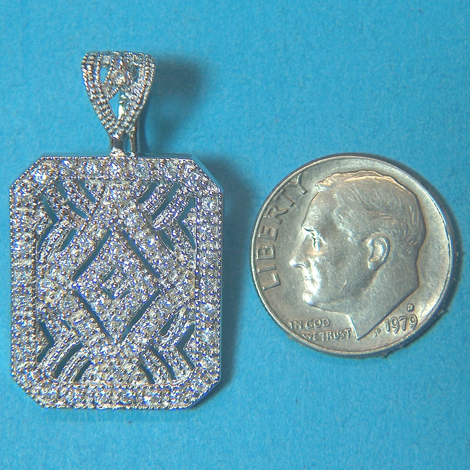 P497 Sterling Silver Latch Bail Rectangular Sparkling Pendant Solid 925