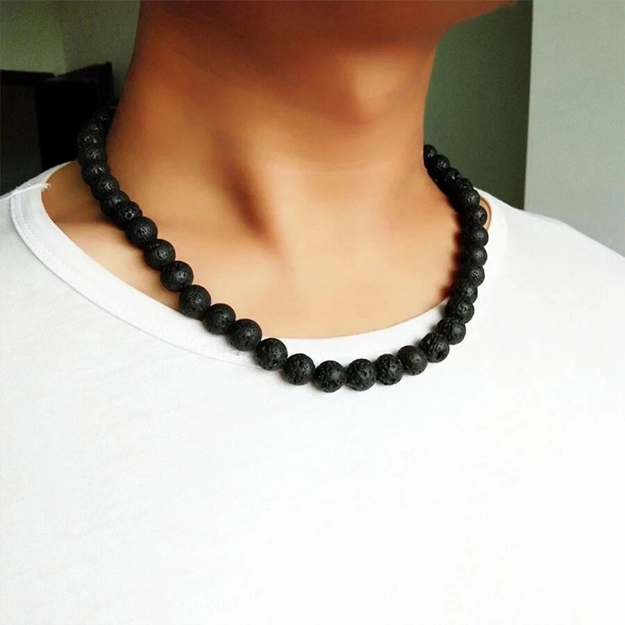 Men Necklace 8mm Black Volcanic Lava Stone Choker Rock Beads Chain Necklace 22”