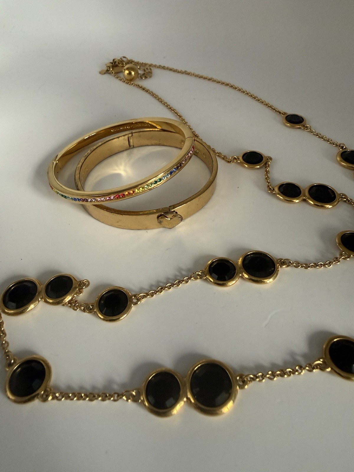 Kate Spade Goldtone Necklace With Black Crystal Rhinestones + 2 Bangles Bracelet
