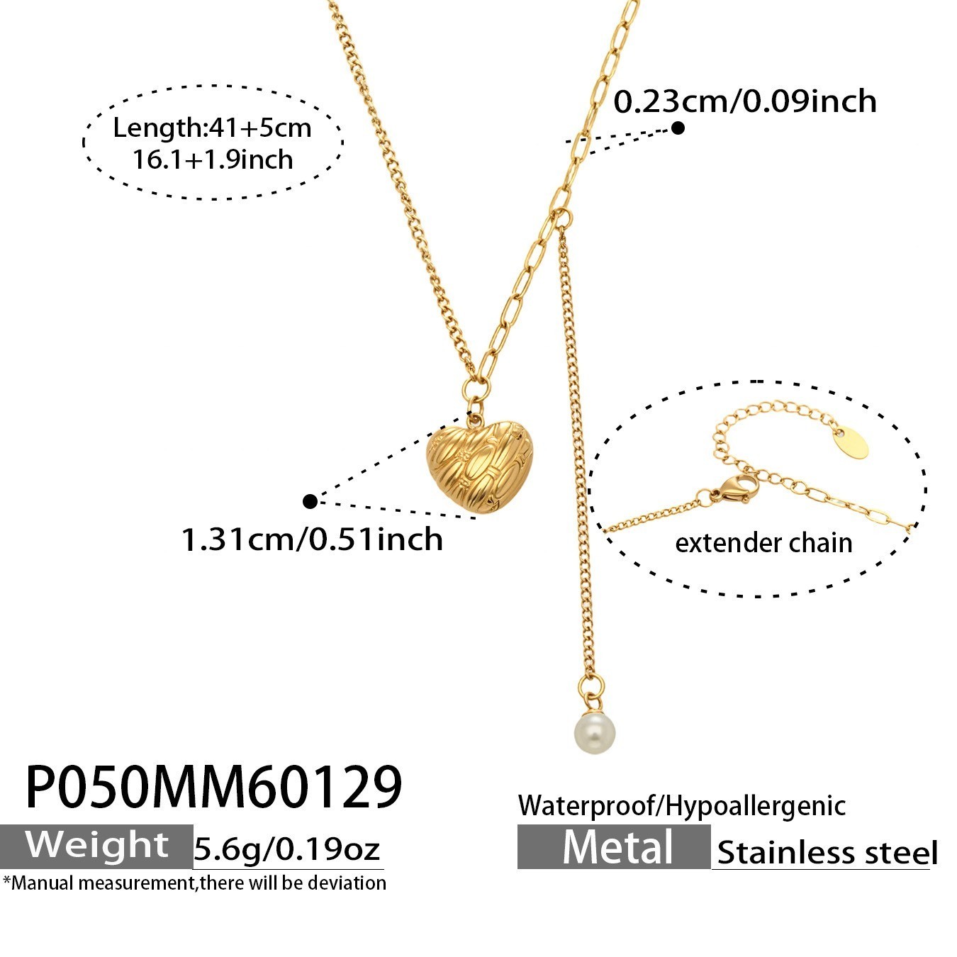 18K Gold Plated Stainless Steel Heart Pendant Faux Pearl Drop Necklace