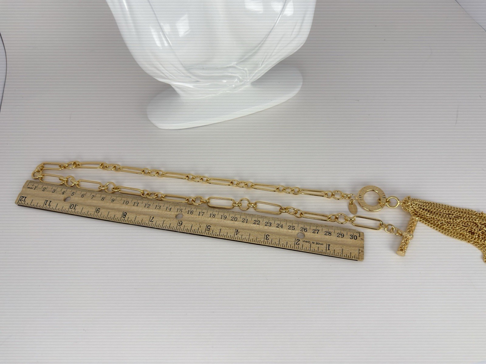 NWT Bellezza 18K Gold over Bronze Paperclip Oval Link Tassel Toggle Necklace