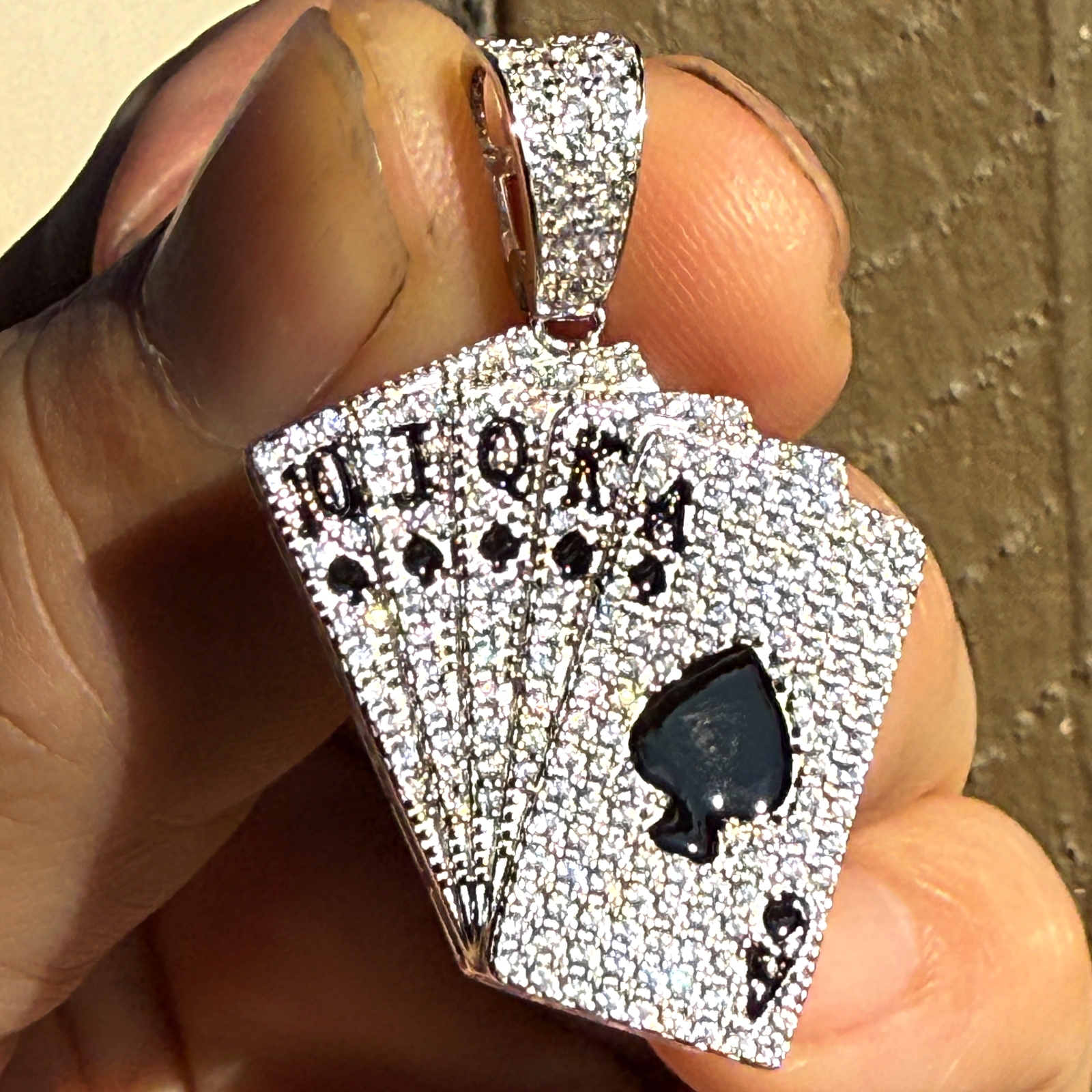 925 Sterling Silver Pendant Poker Playing Cards CZ Royal Flush Ace Spades Deck