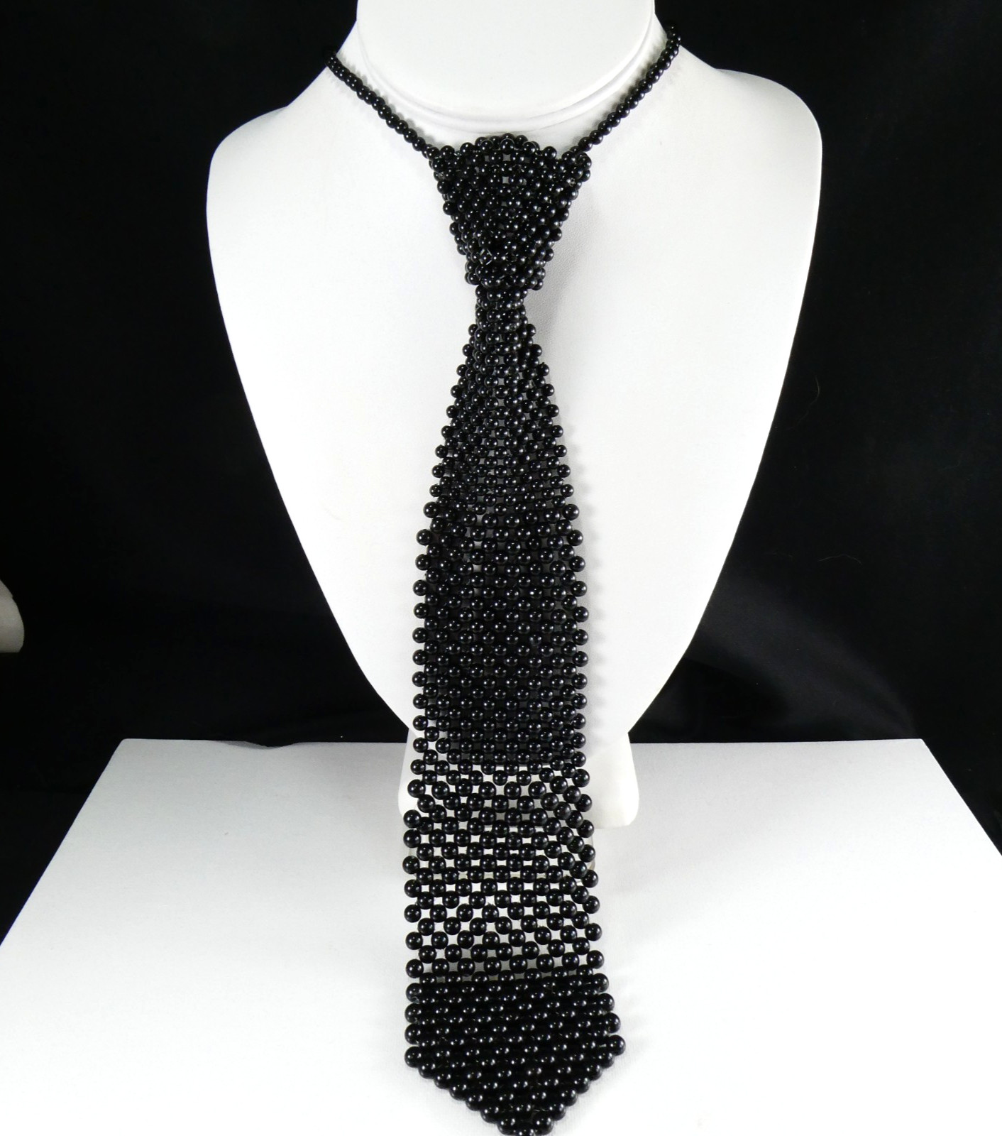Black Beaded Tie Shaped Fashion Necklace Hook Clasp Collar Choker Long TIE 12″