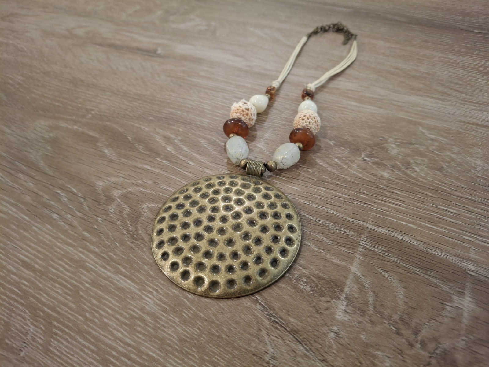 Boho Hammered Brass Tone Round Medallion Pendant Beaded Cord Necklace