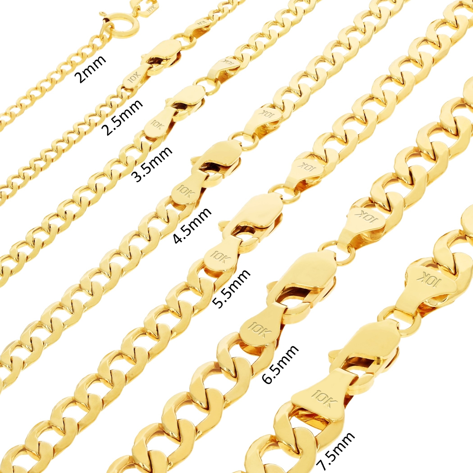 10K Yellow Gold 2mm-7.5mm Curb Cuban Chain Necklace Bracelet Men Women 7″- 30″