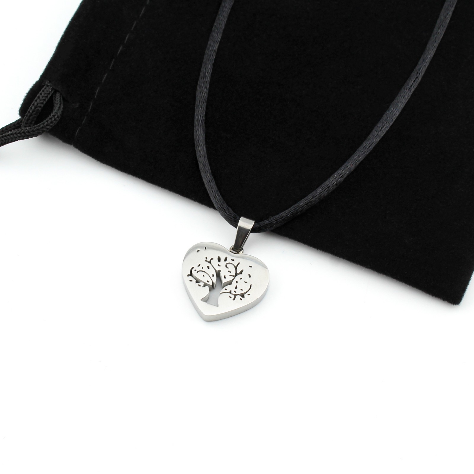 Stainless Steel Tree of Life Heart Pendant Necklace on Black Satin Silk Cord