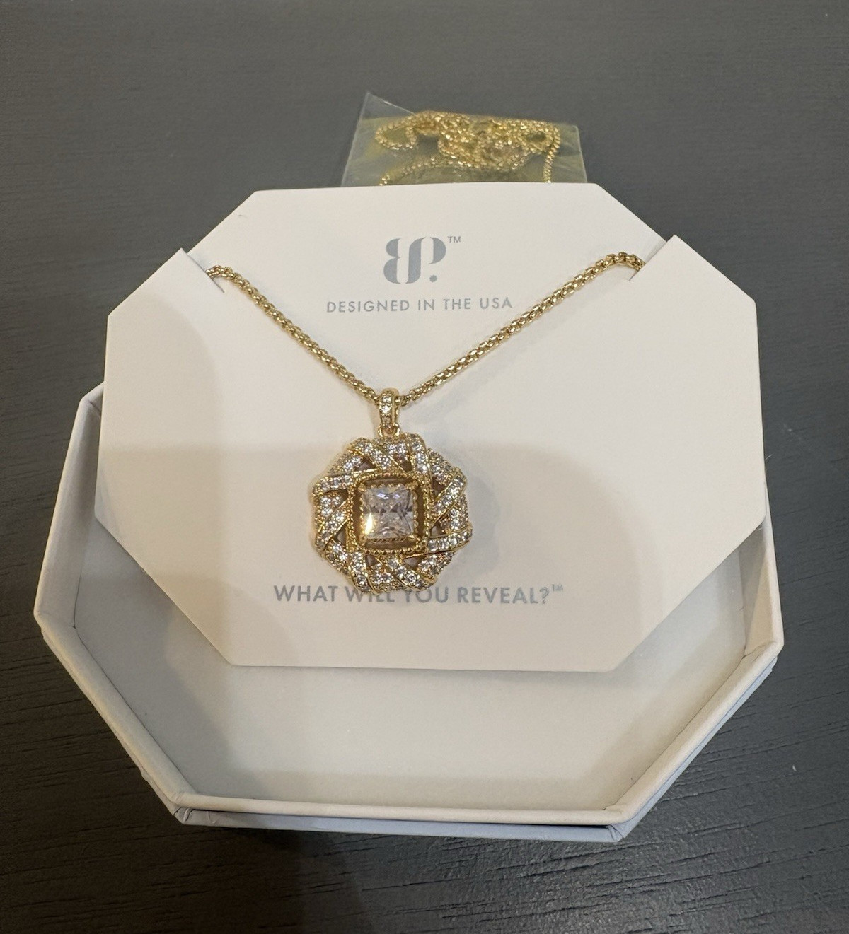 BP Gold Plated White CZ Pavé Square Pendant Cable Necklace 18″ NK87154