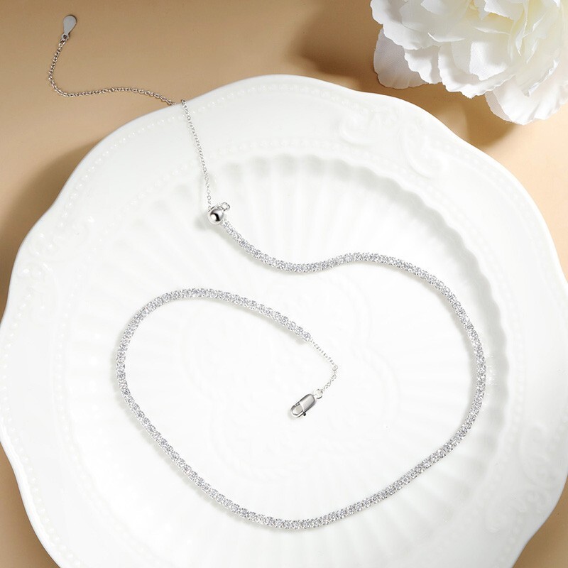 2mm Real Moissanite Tennis Chain Necklace 925 Sterling Silver Adjustable Choker