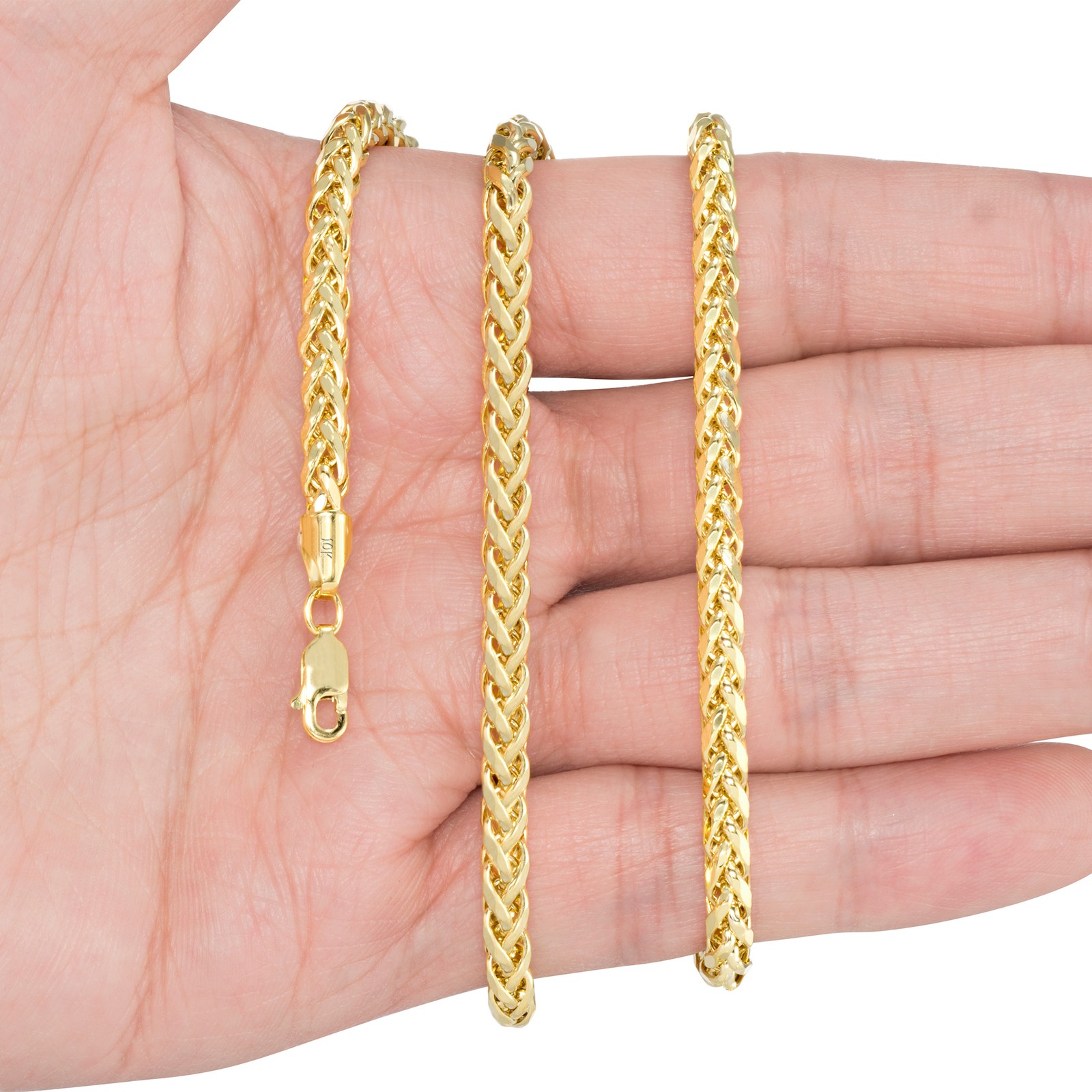 10K Yellow Gold 2.5mm-5mm Round Wheat Palm Franco Spiga Chain Necklace 16″- 30″