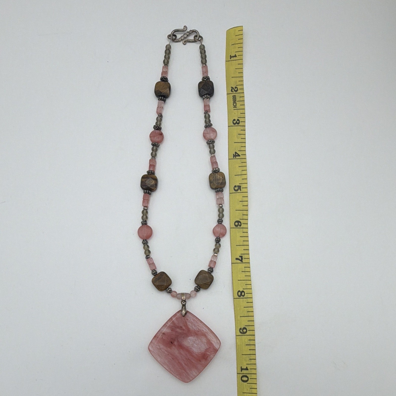 Pink & Brown Stone Beaded Necklace Square Pink Charm Pendant S Hook 20 in