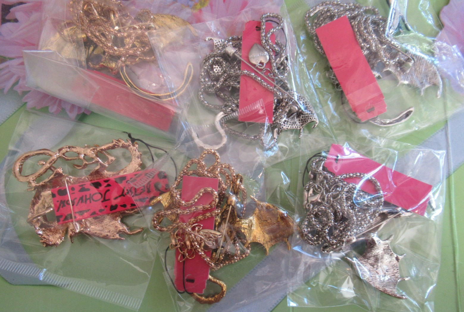 LOT OF 6 BETSEY JOHNSON Rhinestone Novelty DRAGON Necklaces / Brooches NWT NEW