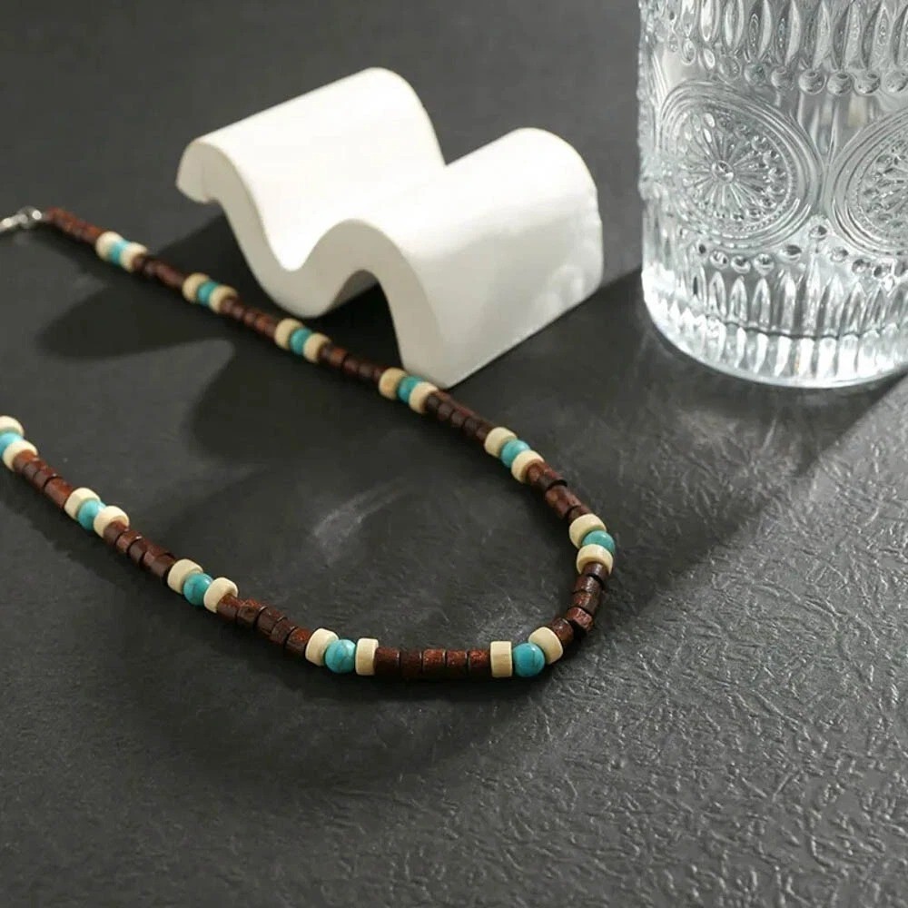 Mens Wood Beaded Necklace Turquoise Boho Surfer Choker Adjustable Chain Gift