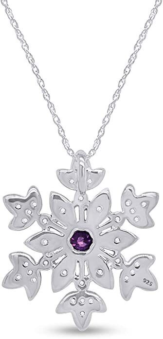 Snowflake Pendant 18″ Necklace Round Simulated Birthstone 14K White Gold Plated