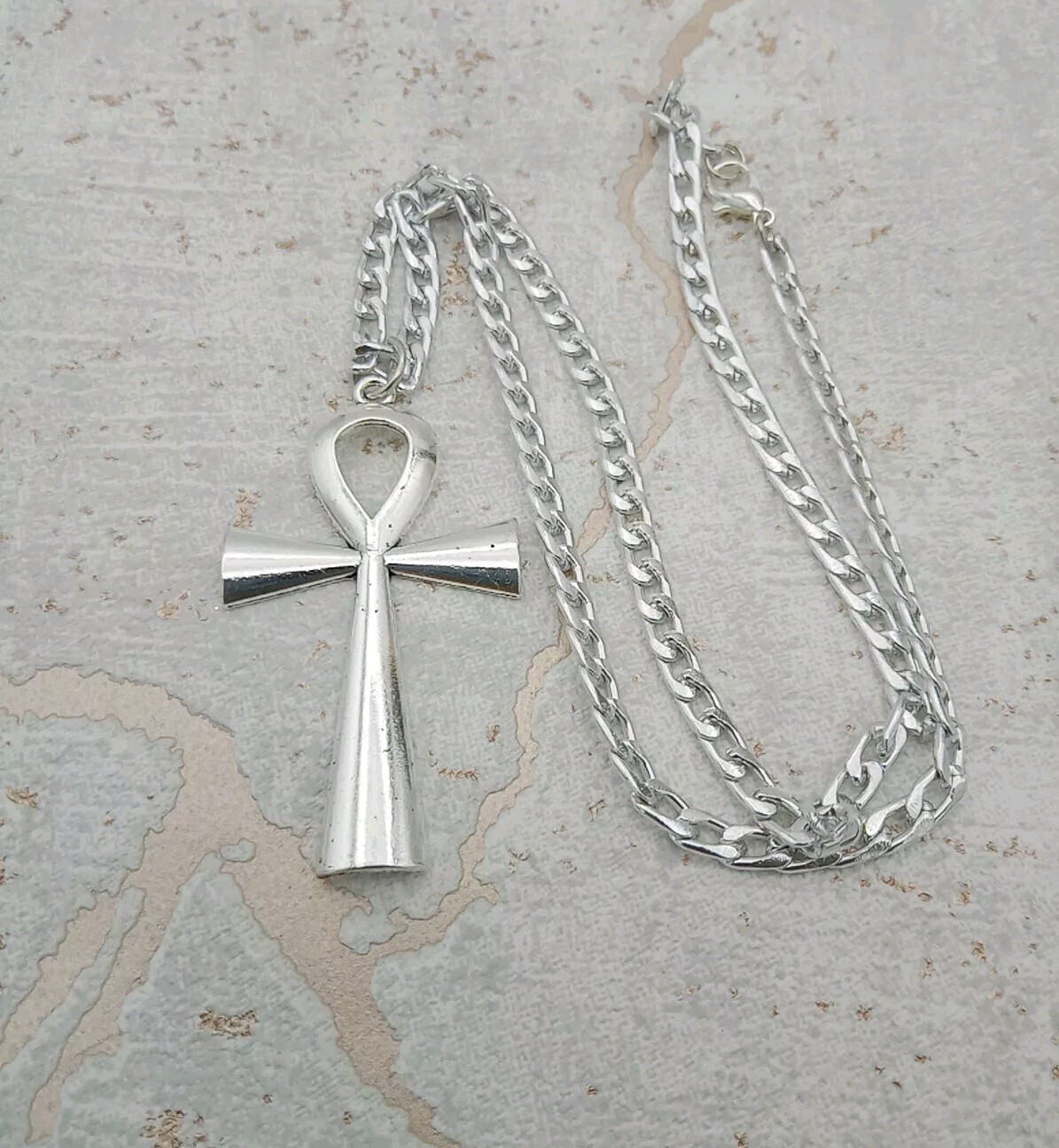 Ankh Necklace Key of Life CROSS Pendant & 24″ Curb Chain Big Vintage silver Tone