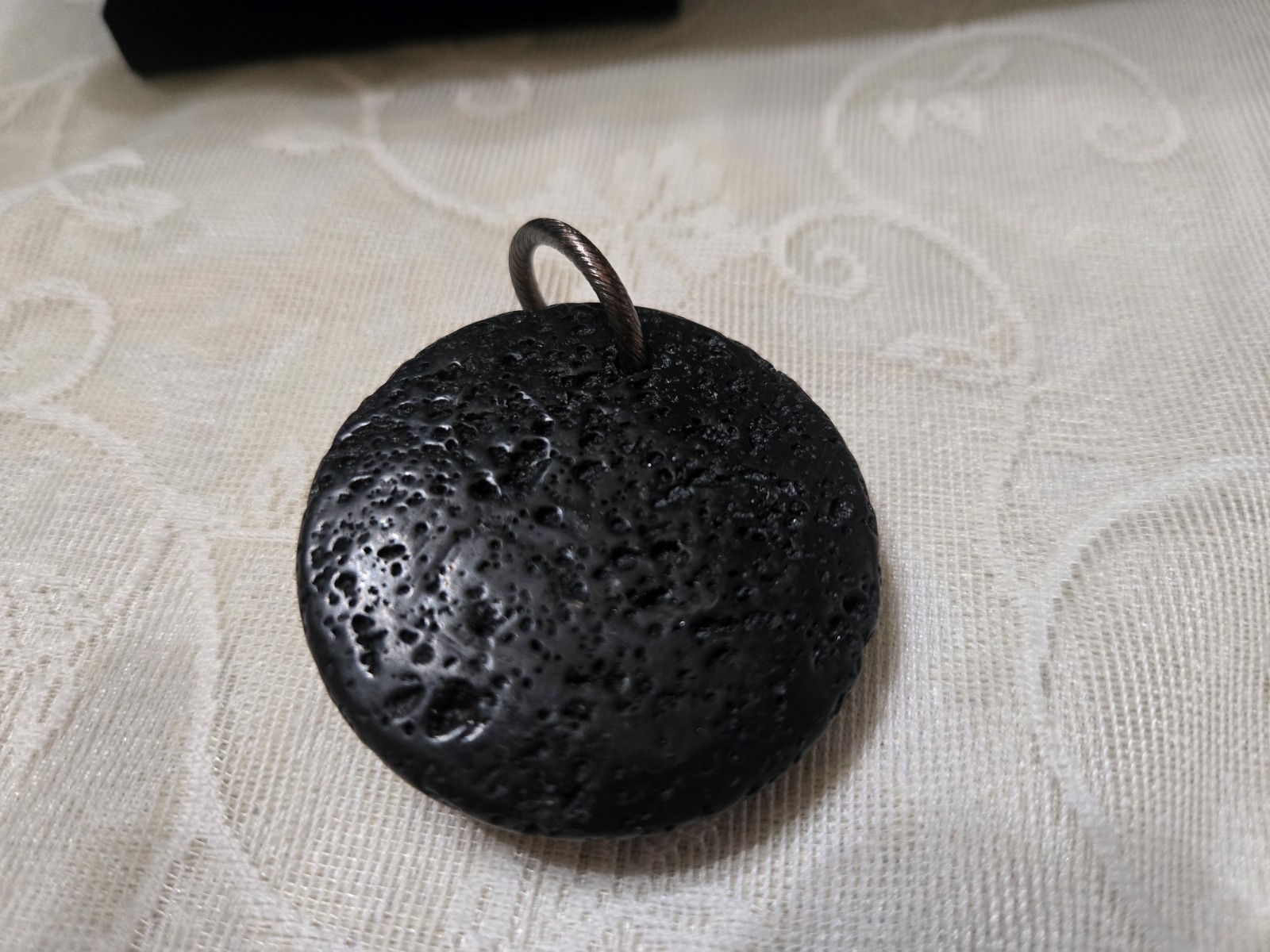 Vintage French Black & White Cameo Round Pendant with Oval Profile, Lava Stone
