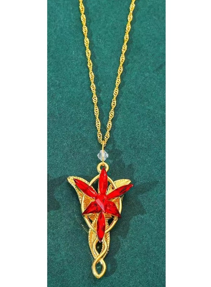 Red on Gold Arwen Evenstar Necklace Aragorn Elven LOTR Lord of Ring & Velvet Bag