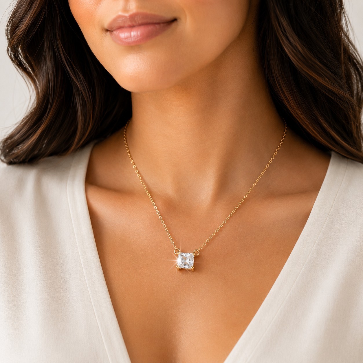 Gold Plated Princess Cut CZ Solitaire Necklace Dainty Jewelry Gift Wedding